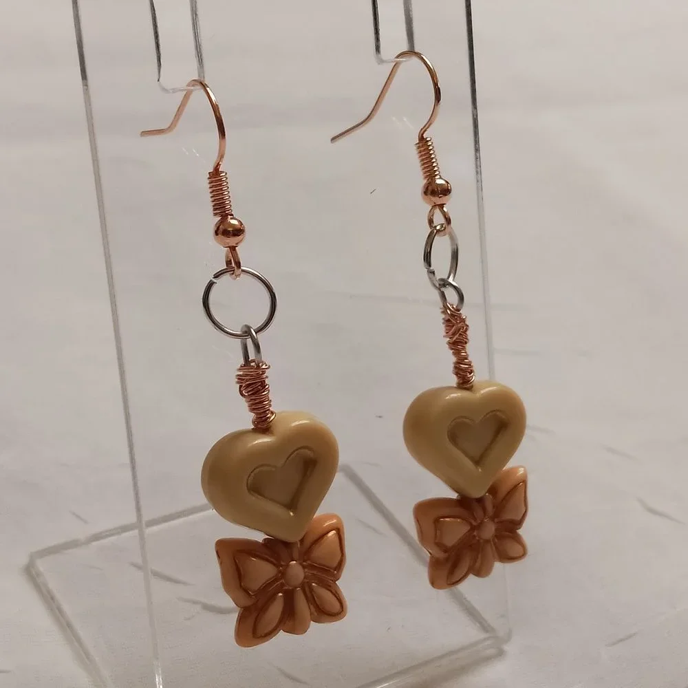 Steel Handmade Hand Crafted Heart & Bow Dangle Earrings Jewelry #54 - Picture 1 of 14